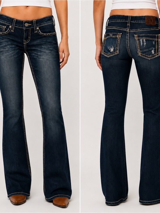 Stellah Denim - BKE Stella Women’s 25S Dark Wash Bootcut Jeans Distressed Contrast Stitch Y2K